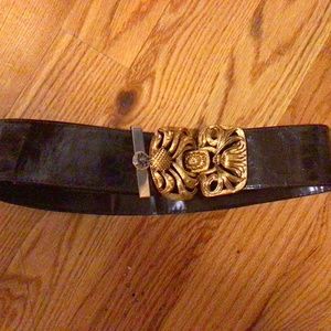 Vintage Brown Vegan Belt with Gold Clasp and Cancer Astrology Decoration
